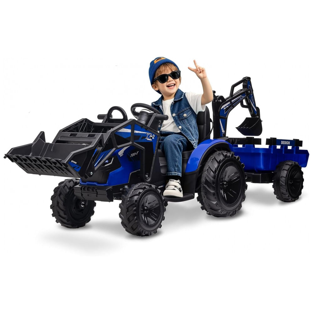 Trator Infantil Elétrico GarveeLife Azul 24V 3 em 1 Escavadeira Buldôzer Trailer Controle Remoto Luzes LED Bluetooth