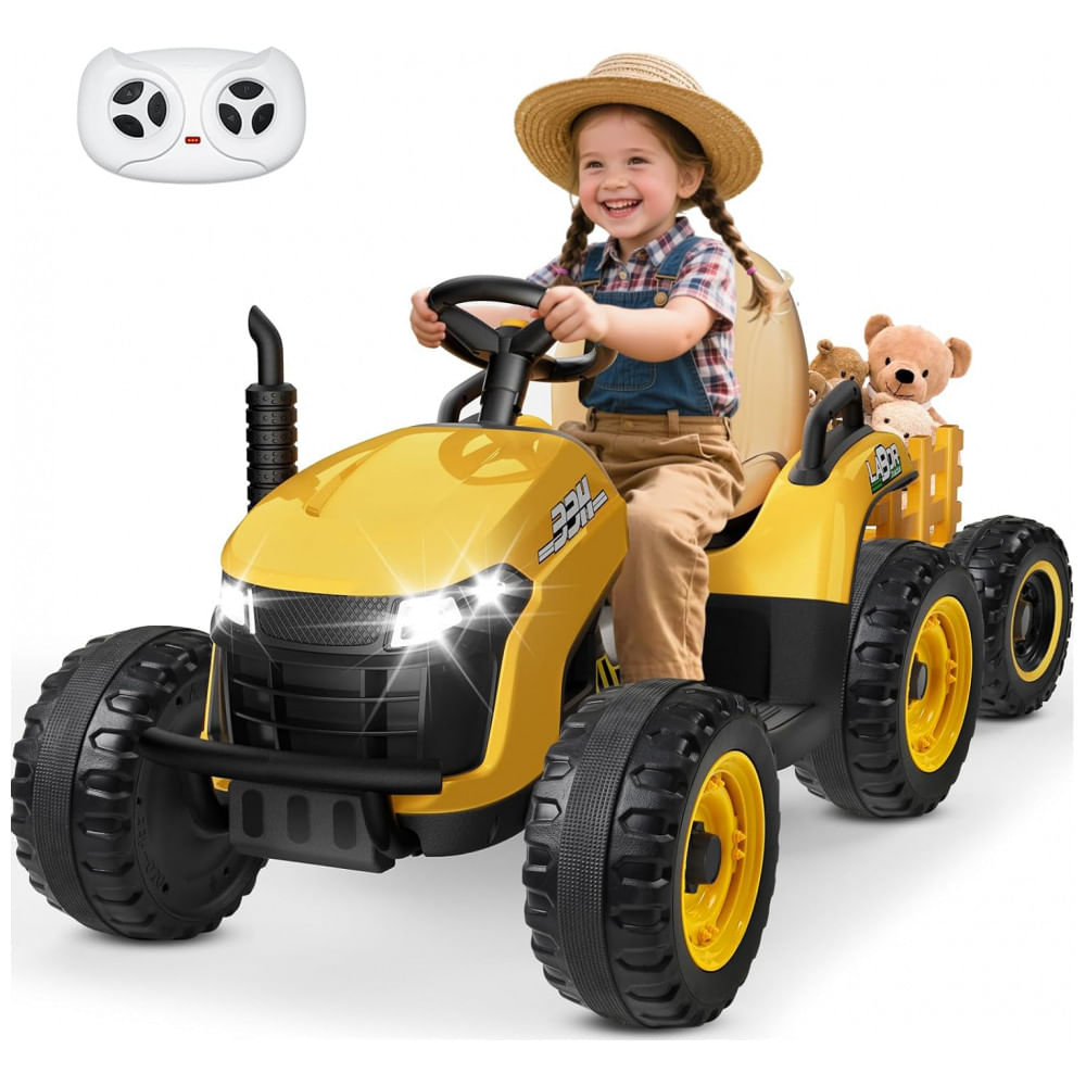 Trator Infantil Elétrico ANPABO Amarelo 24V, Trailer Basculante Removível, Pneus EVA, Controle Remoto com Som Realista e Bluetooth