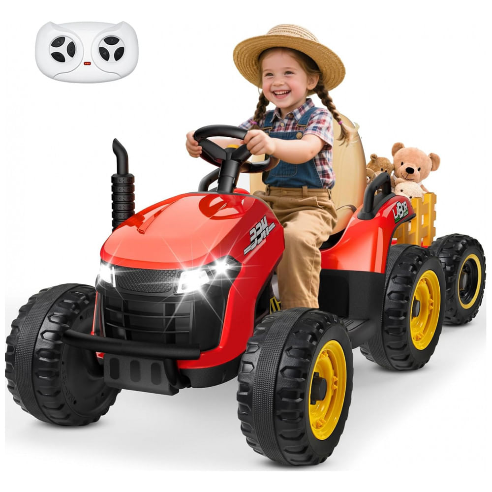 Trator Infantil Elétrico ANPABO Vermelho 24V, Trailer Basculante Removível, Pneus EVA, Controle Remoto com Som Realista e Bluetooth