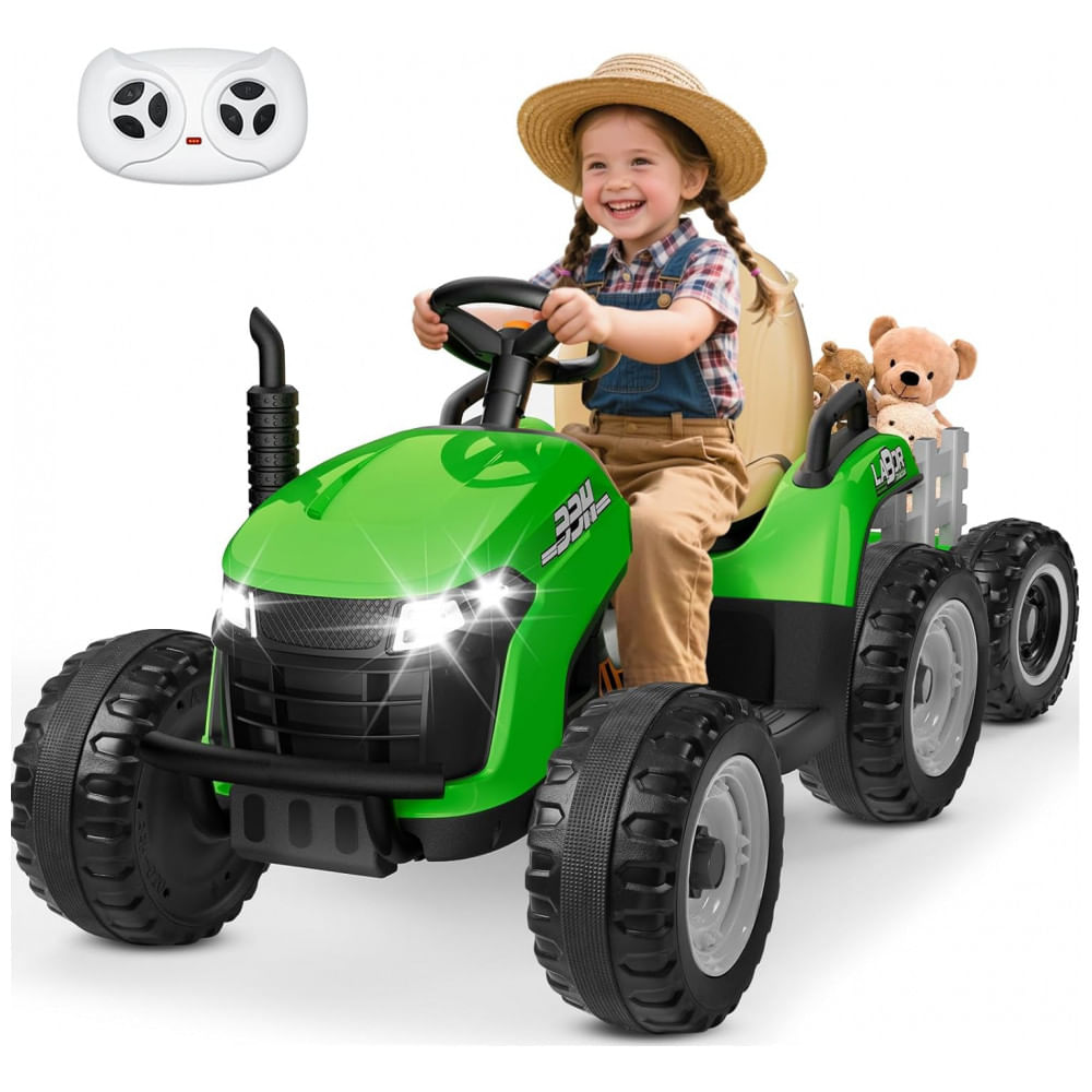 Trator Infantil Elétrico ANPABO Verde 24V, Trailer Basculante Removível, Pneus EVA, Controle Remoto com Som Realista e Bluetooth