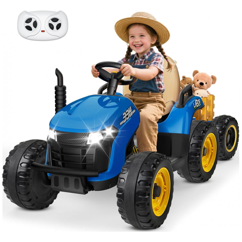Trator Infantil Elétrico ANPABO Azul 24V, Trailer Basculante Removível, Pneus EVA, Controle Remoto com Som Realista e Bluetooth