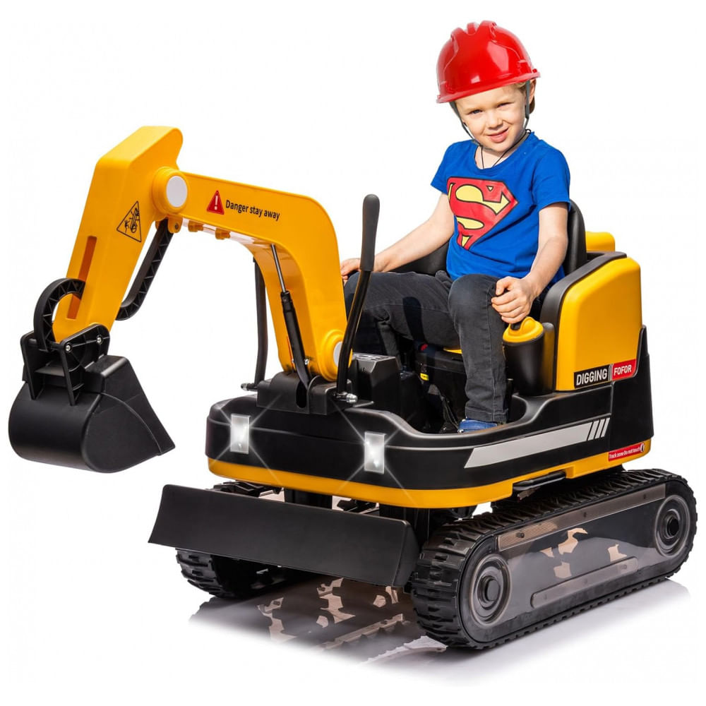 Escavadeira Infantil Elétrica JOYLDIAS Amarela 12V 360° Rotativa Buldôzer Controle Remoto MP3 USB Trilhos Multi-Terreno Toolbox