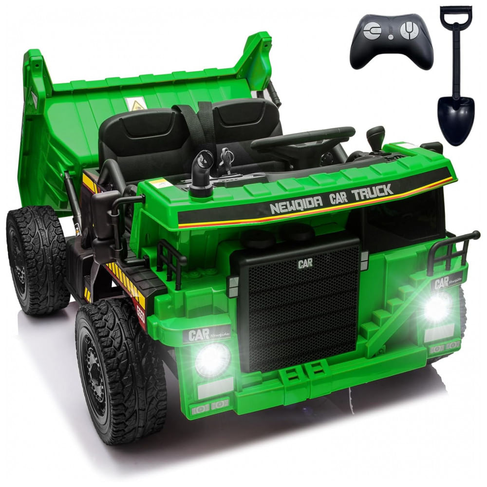 Caminhão Basculante Infantil Elétrico NEWQIDA Verde 24V 2 Motores Pá Remota Caçamba Elétrica Bluetooth LED Bancos 19