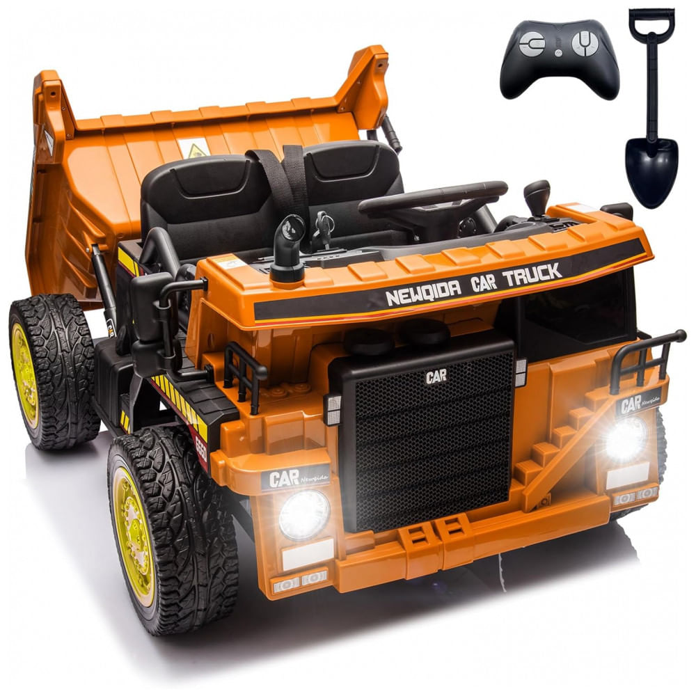 Caminhão Basculante Infantil Elétrico NEWQIDA Laranja 24V 2 Motores Pá Remota Caçamba Elétrica Bluetooth LED Bancos 19