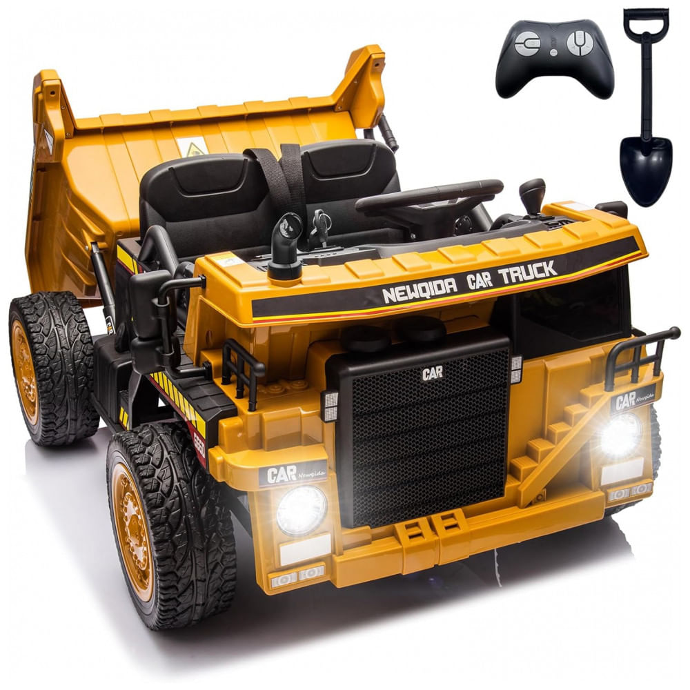 Caminhão Basculante Infantil Elétrico NEWQIDA Amarelo 24V 2 Motores Pá Remota Caçamba Elétrica Bluetooth LED Bancos 19