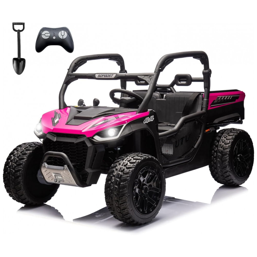 UTV Infantil Elétrico Sopbost Rosa 24V 2 Lugares 4 Motores 75W Caçamba Grande Automática 4WD Pneus EVA Controle Bluetooth 10Ah