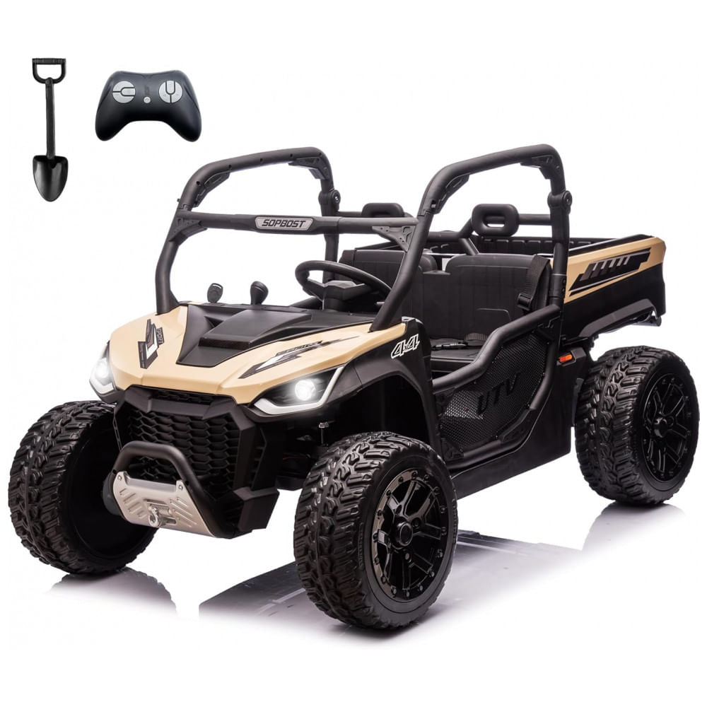 UTV Infantil Elétrico Sopbost Bege 24V 2 Lugares 4 Motores 75W Caçamba Grande Automática 4WD Pneus EVA Controle Bluetooth 10Ah