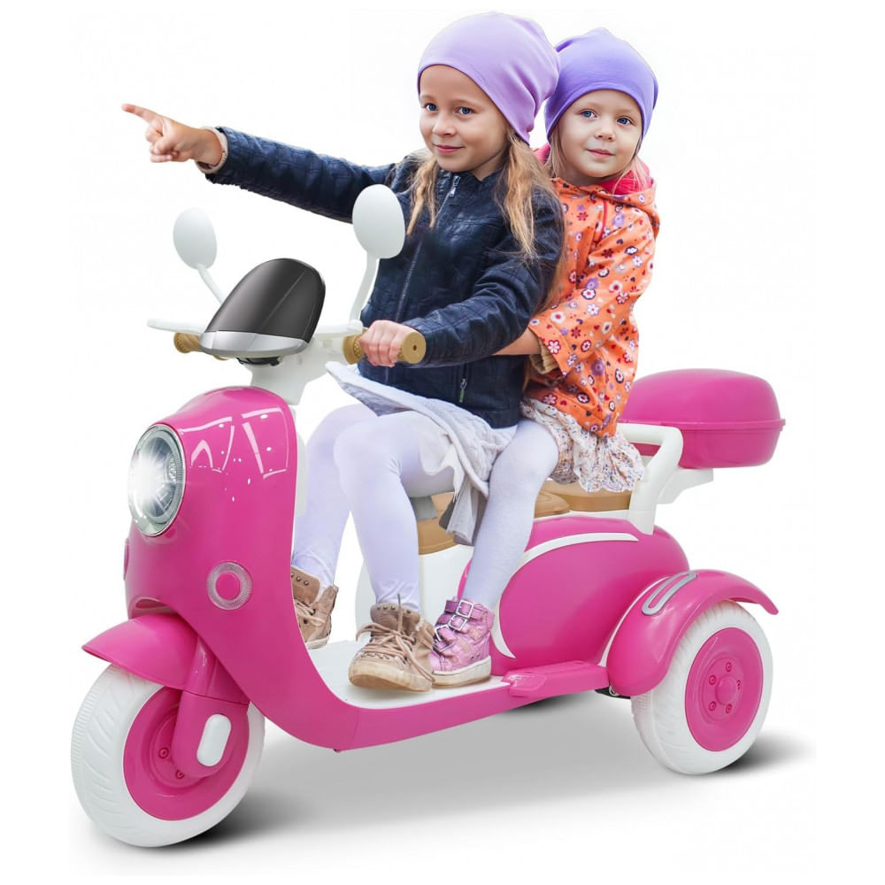 Moto Elétrica Infantil Letsgoride 12V Rosa 2 Lugares 3 Rodas com Controle Remoto, Baú, Bluetooth, LED e Buzina 2x50W