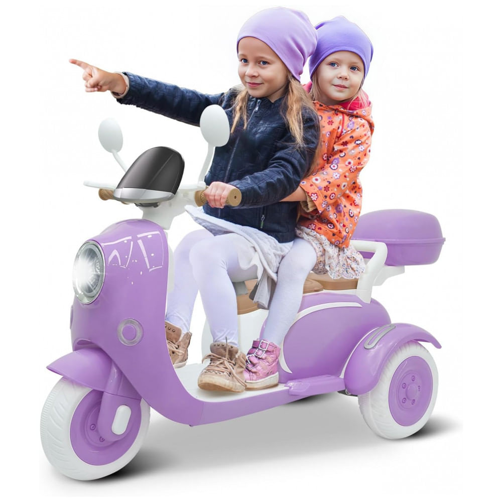 Moto Elétrica Infantil Letsgoride 12V Roxo 2 Lugares 3 Rodas com Controle Remoto, Baú, Bluetooth, LED e Buzina 2x50W