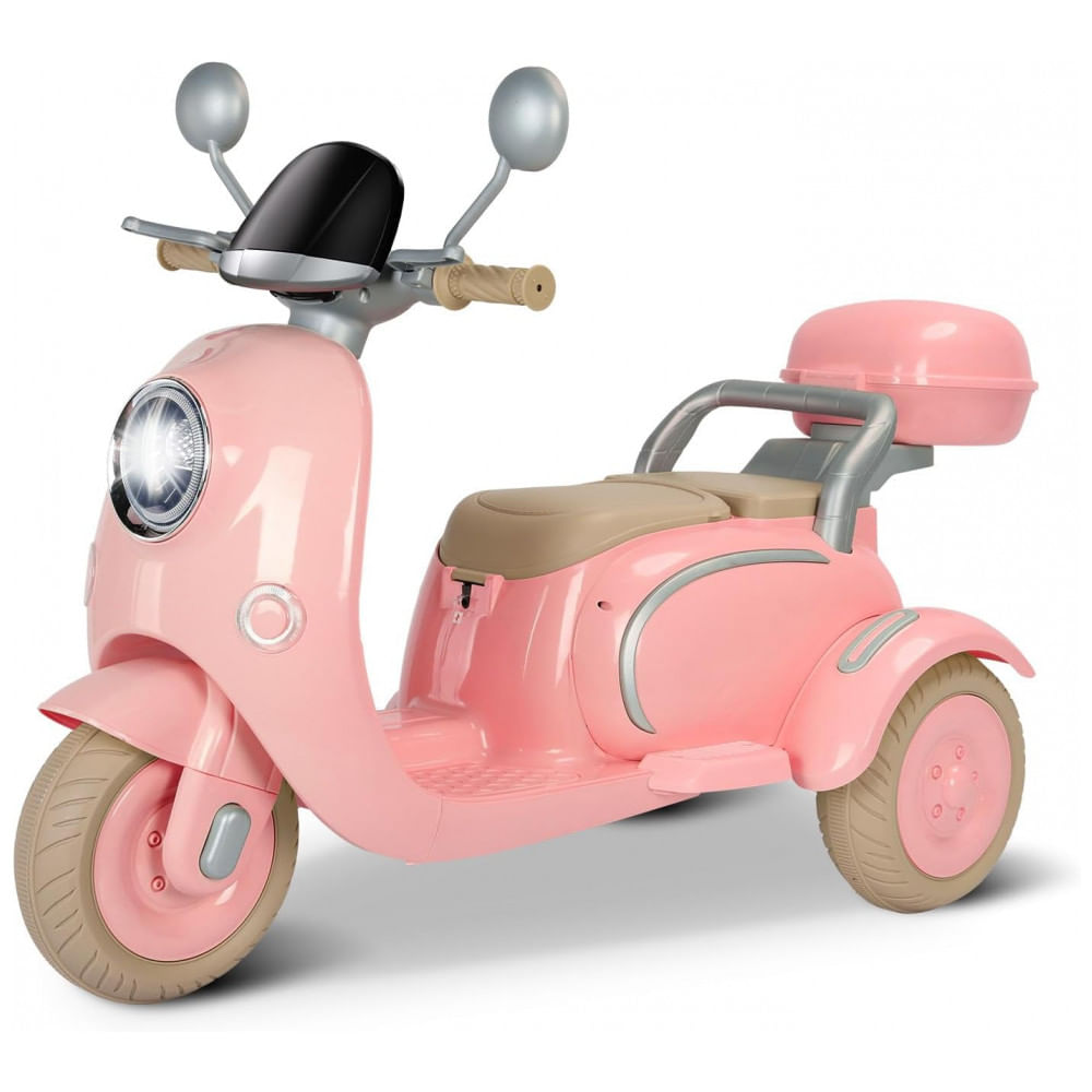 Moto Elétrica Infantil Letsgoride 12V Rosa Claro 2 Lugares 3 Rodas Baú Musical Bluetooth LED Buzina 2x50W