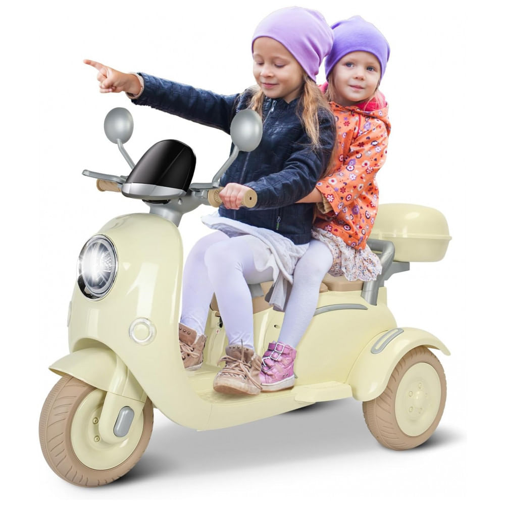 Moto Elétrica Infantil Letsgoride 12V Amarelo Pastel 2 Lugares 3 Rodas Baú Musical Bluetooth LED Buzina 2x50W