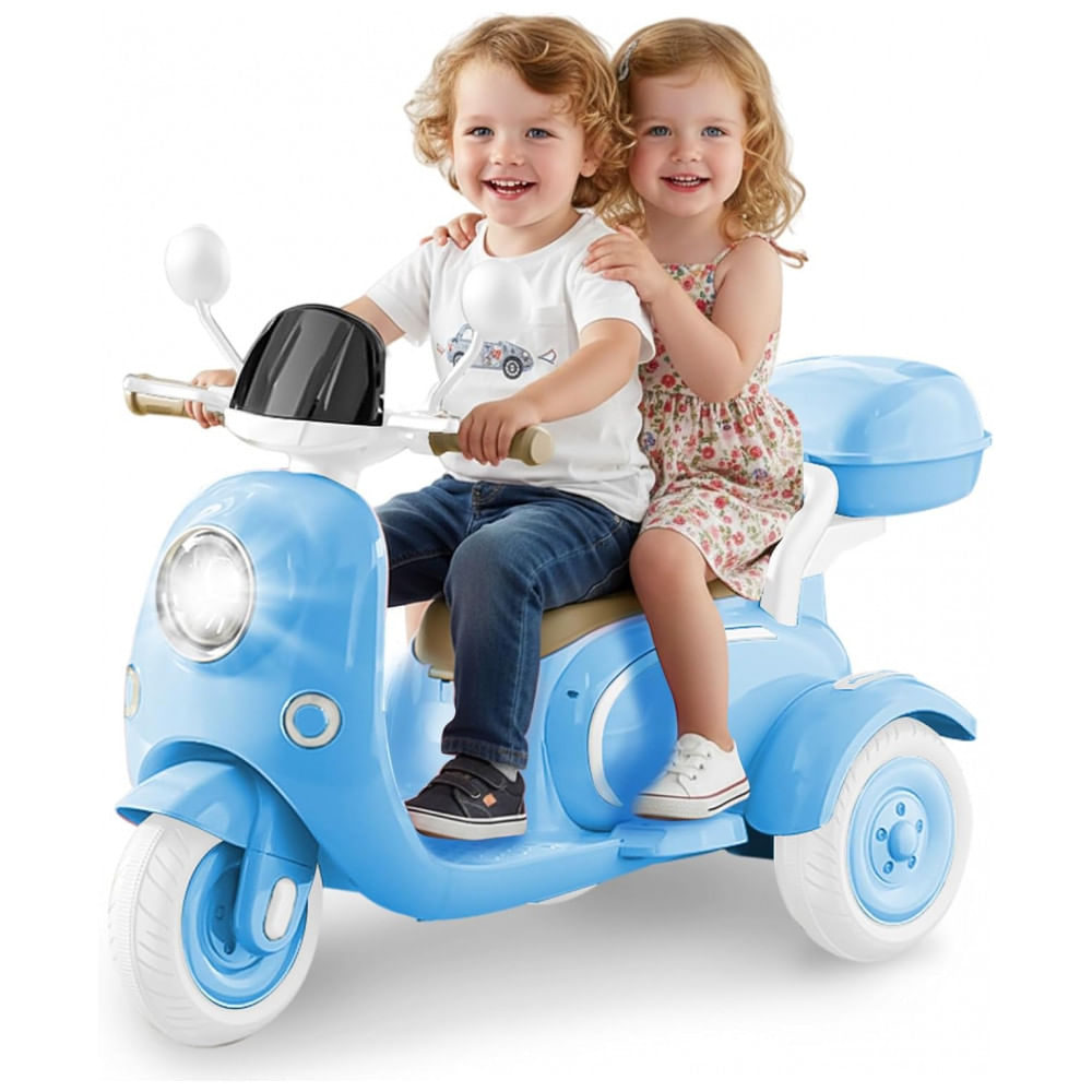 Moto Elétrica Infantil HEIMILI 12V Azul 3 Rodas 2 Lugares com Bluetooth, MP3, Baú e Estabilidade
