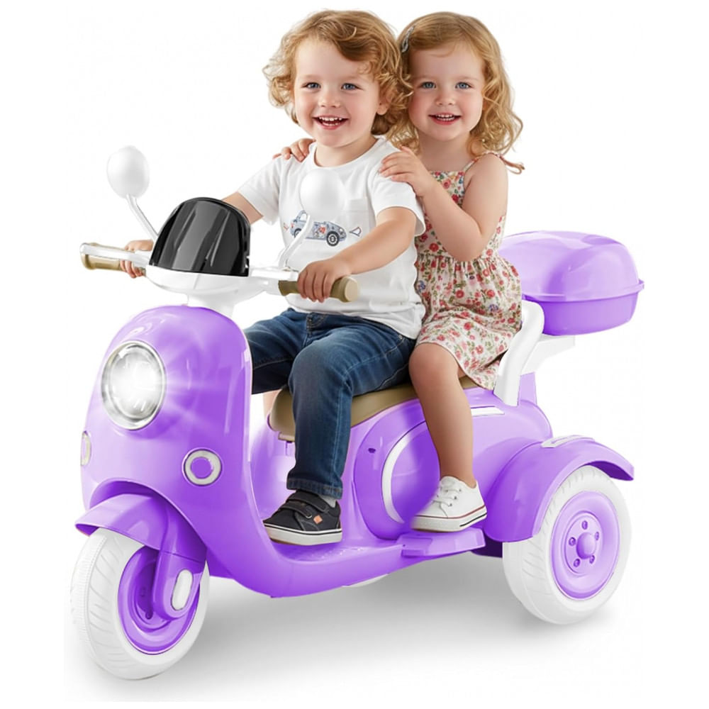 Moto Elétrica Infantil HEIMILI 12V Roxo 3 Rodas 2 Lugares com Bluetooth, MP3, Baú e Estabilidade