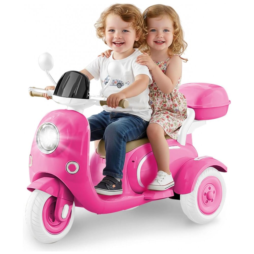 Moto Elétrica Infantil HEIMILI 12V Rosa 3 Rodas 2 Lugares com Bluetooth, MP3, Baú e Estabilidade