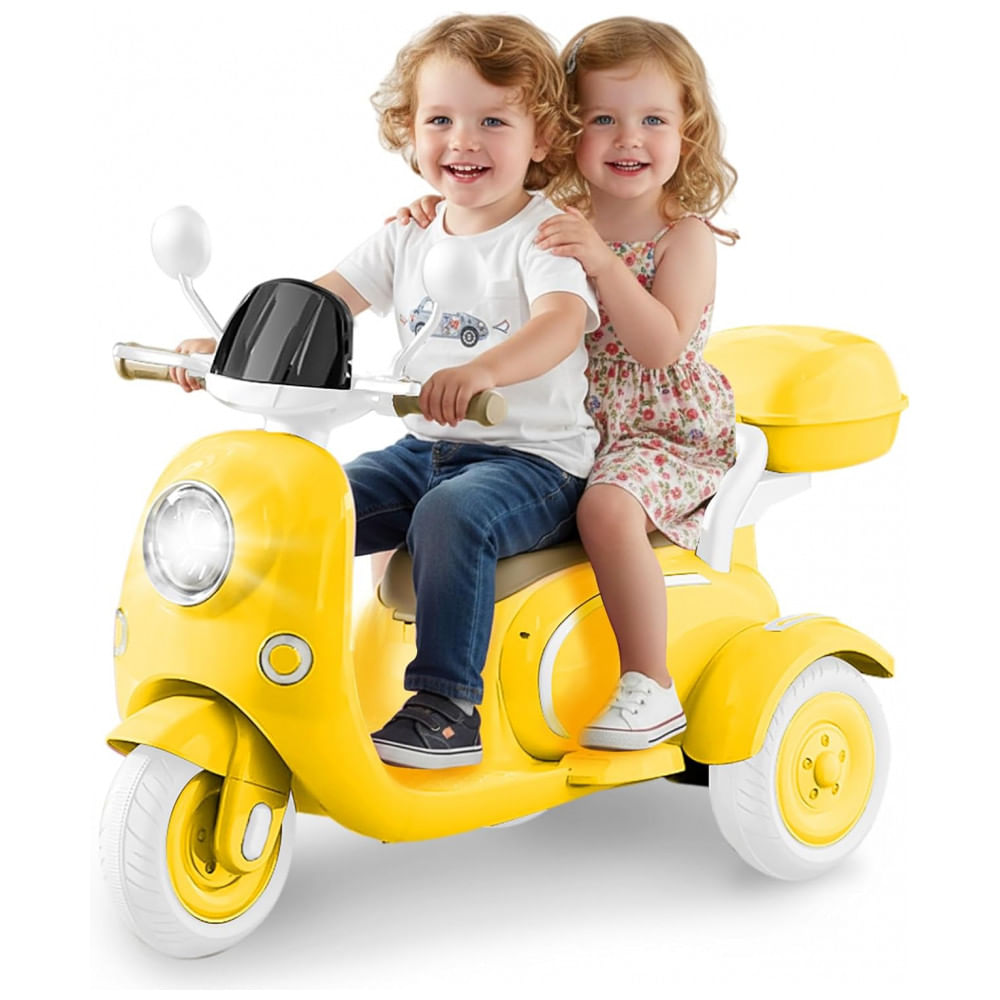 Moto Elétrica Infantil HEIMILI 12V Amarela 3 Rodas 2 Lugares com Bluetooth, MP3, Baú e Estabilidade