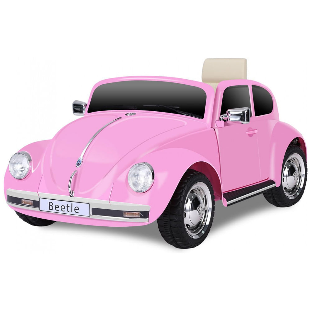 Carro Elétrico Infantil Volkswagen Beetle Forever Source Rosa 12V Controle Remoto LED 3 Velocidades, Música e autonomia de 60-90min