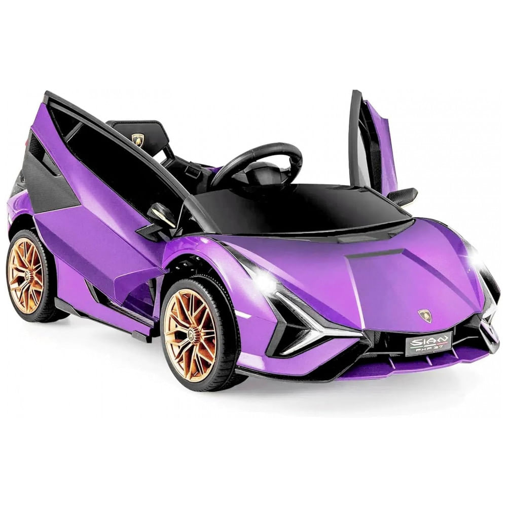 Carro Elétrico Infantil Licenciado Lamborghini SIAN OLAKIDS Preto/Roxo 12V com Controle Remoto 2 Velocidades, Suspensão e Bluetooth