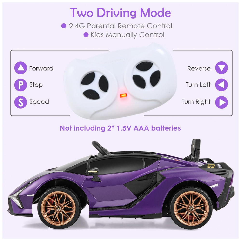 Encontraproduto.com.br - Carro Elétrico Infantil Licenciado Lamborghini SIAN OLAKIDS Preto/Roxo 12V com Controle Remoto 2 Velocidades, Suspensão e Bluetooth