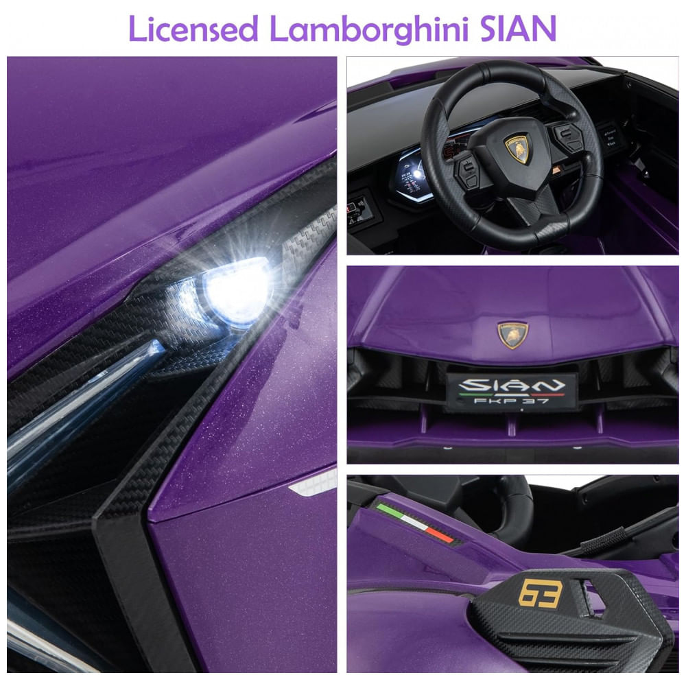 Encontraproduto.com.br - Carro Elétrico Infantil Licenciado Lamborghini SIAN OLAKIDS Preto/Roxo 12V com Controle Remoto 2 Velocidades, Suspensão e Bluetooth