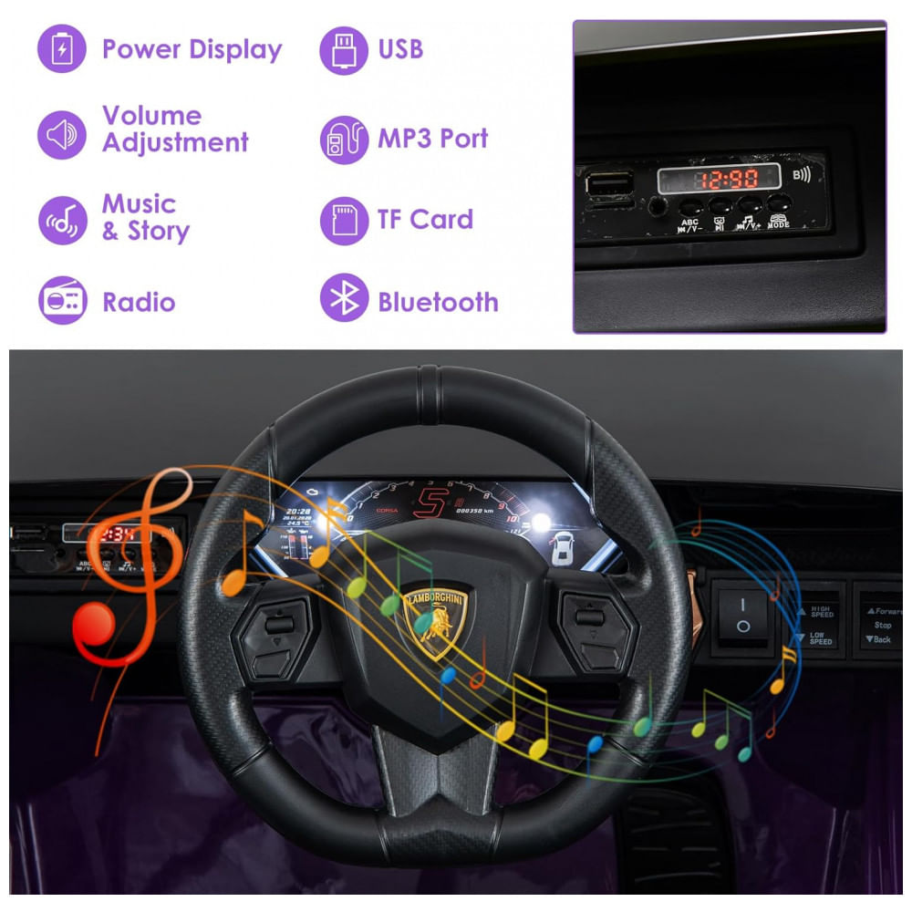 Encontraproduto.com.br - Carro Elétrico Infantil Licenciado Lamborghini SIAN OLAKIDS Preto/Roxo 12V com Controle Remoto 2 Velocidades, Suspensão e Bluetooth