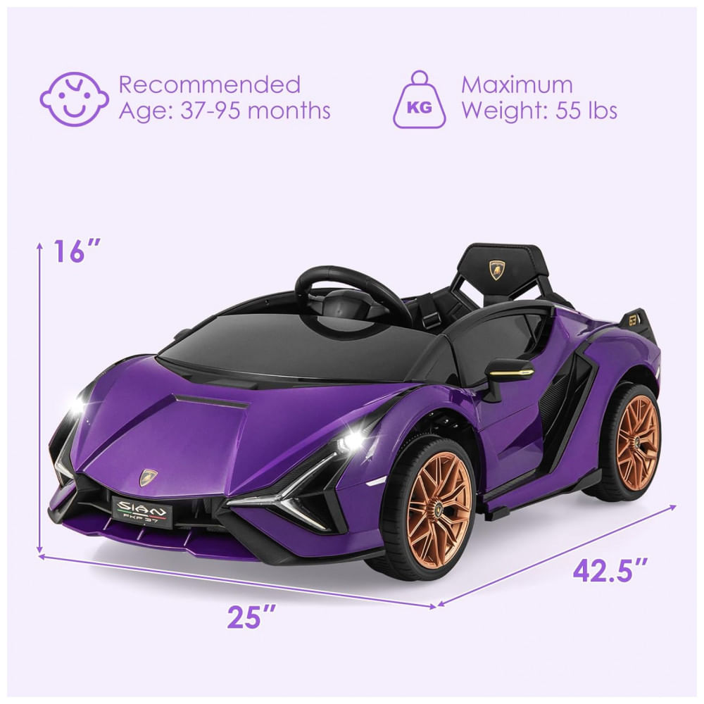 Encontraproduto.com.br - Carro Elétrico Infantil Licenciado Lamborghini SIAN OLAKIDS Preto/Roxo 12V com Controle Remoto 2 Velocidades, Suspensão e Bluetooth