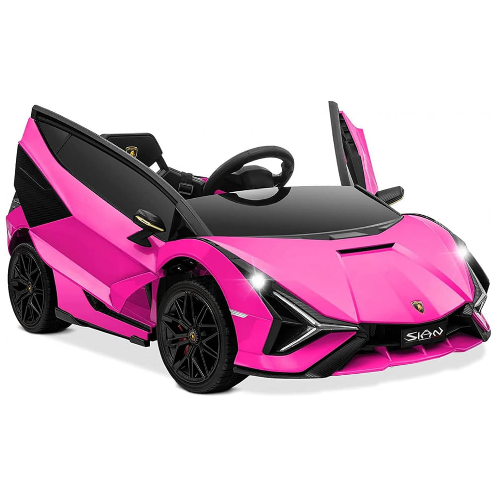 Carro Elétrico Infantil Licenciado Lamborghini SIAN OLAKIDS Preto/Rosa 12V com Controle Remoto 2 Velocidades, Suspensão e Bluetooth