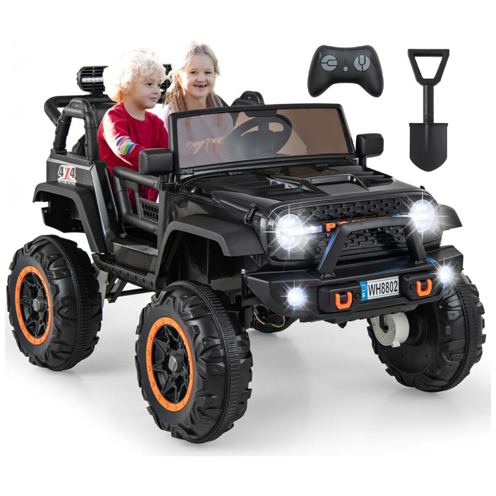 Carro Elétrico Infantil 2 Lugares OLAKIDS Preto 24V 2WD/4WD Jeep 4x550W Controle Remoto LED Suspensão Música 20