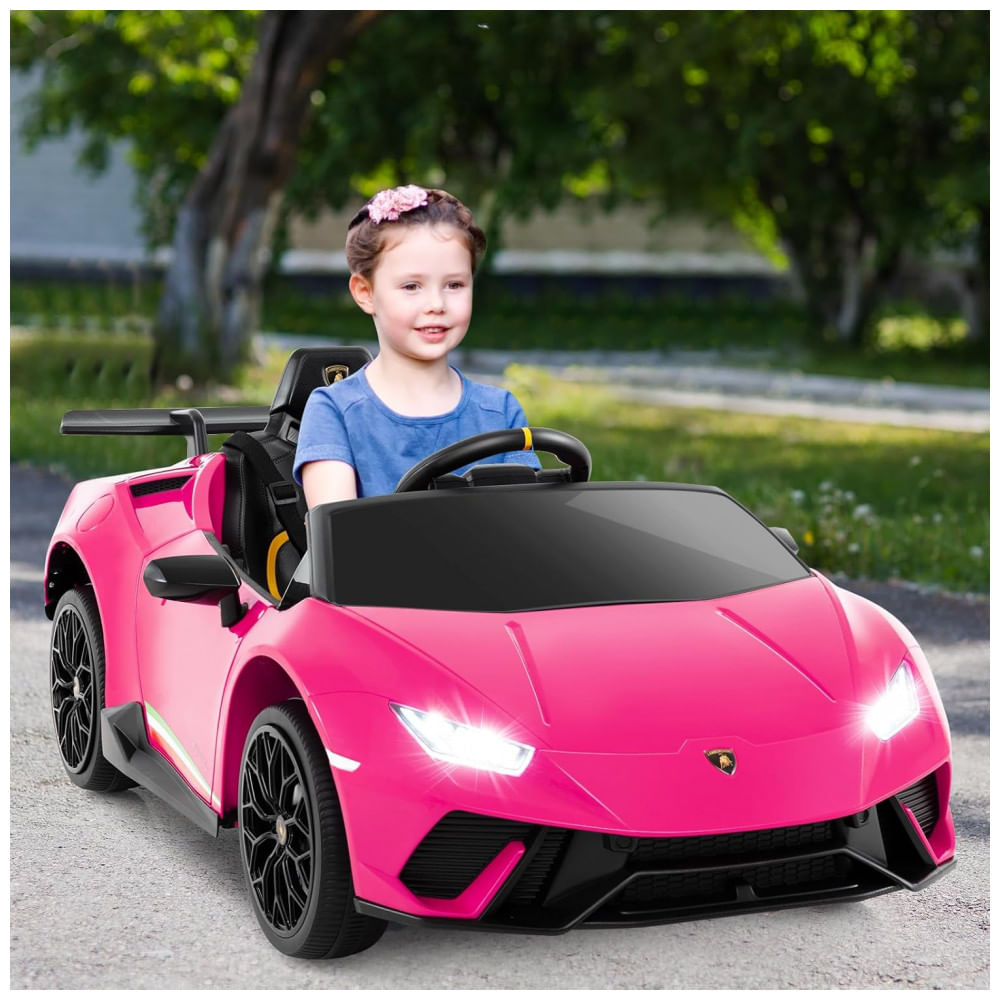 Encontraproduto.com.br - Carro Elétrico Infantil Licenciado Lamborghini Huracan OLAKIDS Rosa 12V com Controle Remoto, 2 Velocidades, Suspensão, Bluetooth e USB