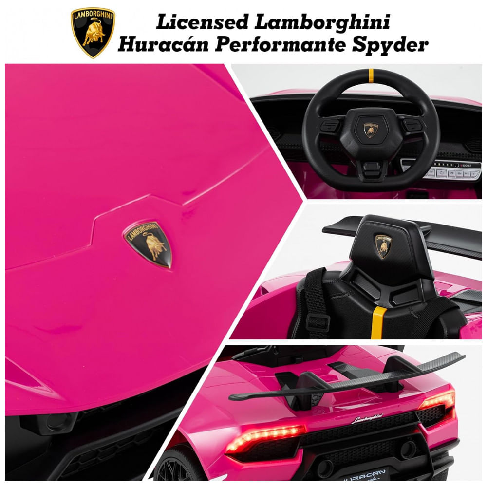 Encontraproduto.com.br - Carro Elétrico Infantil Licenciado Lamborghini Huracan OLAKIDS Rosa 12V com Controle Remoto, 2 Velocidades, Suspensão, Bluetooth e USB