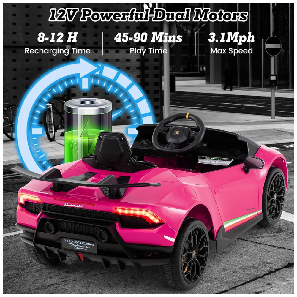 Encontraproduto.com.br - Carro Elétrico Infantil Licenciado Lamborghini Huracan OLAKIDS Rosa 12V com Controle Remoto, 2 Velocidades, Suspensão, Bluetooth e USB