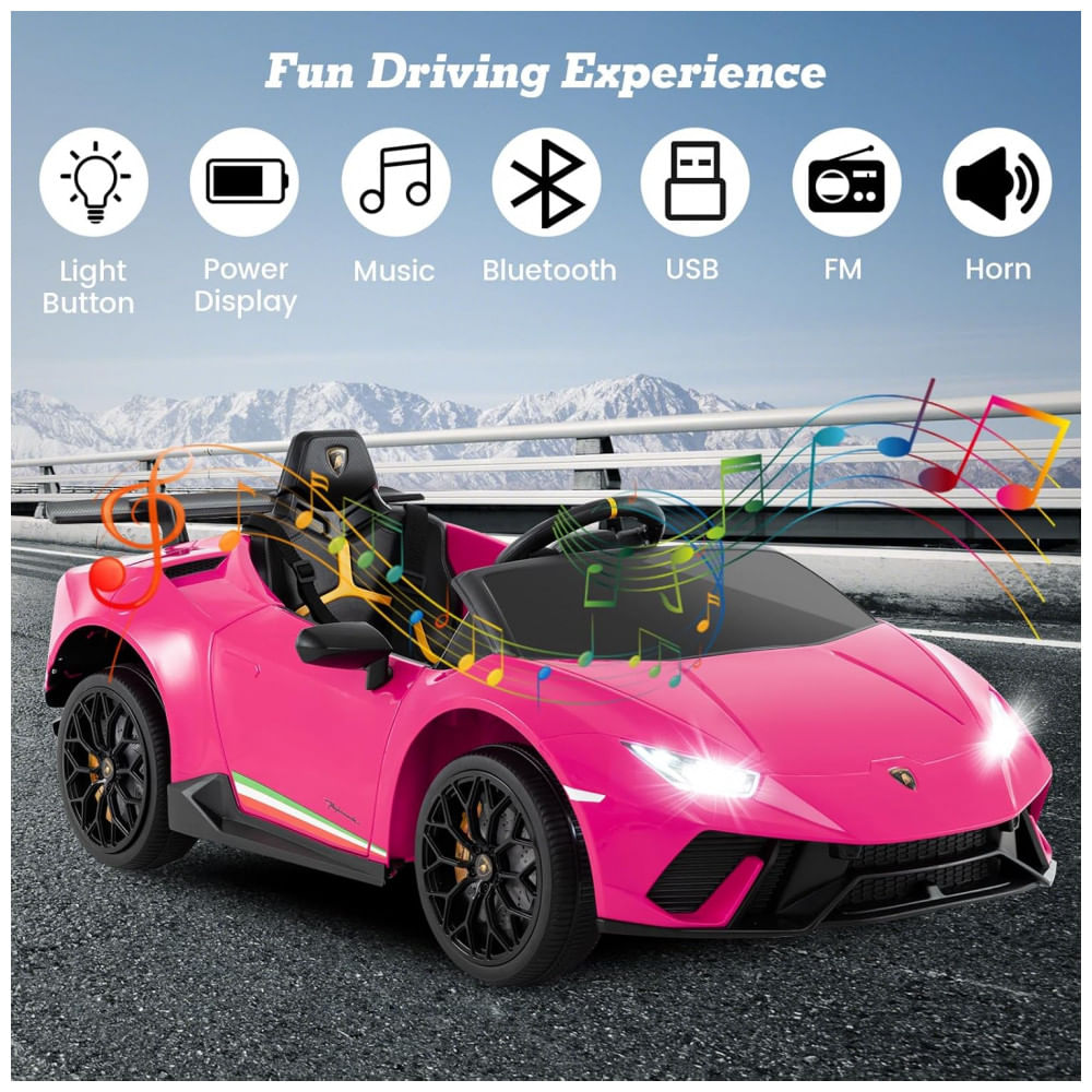 Encontraproduto.com.br - Carro Elétrico Infantil Licenciado Lamborghini Huracan OLAKIDS Rosa 12V com Controle Remoto, 2 Velocidades, Suspensão, Bluetooth e USB