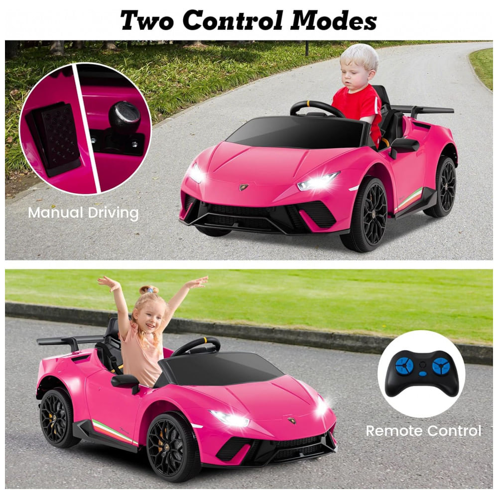 Encontraproduto.com.br - Carro Elétrico Infantil Licenciado Lamborghini Huracan OLAKIDS Rosa 12V com Controle Remoto, 2 Velocidades, Suspensão, Bluetooth e USB
