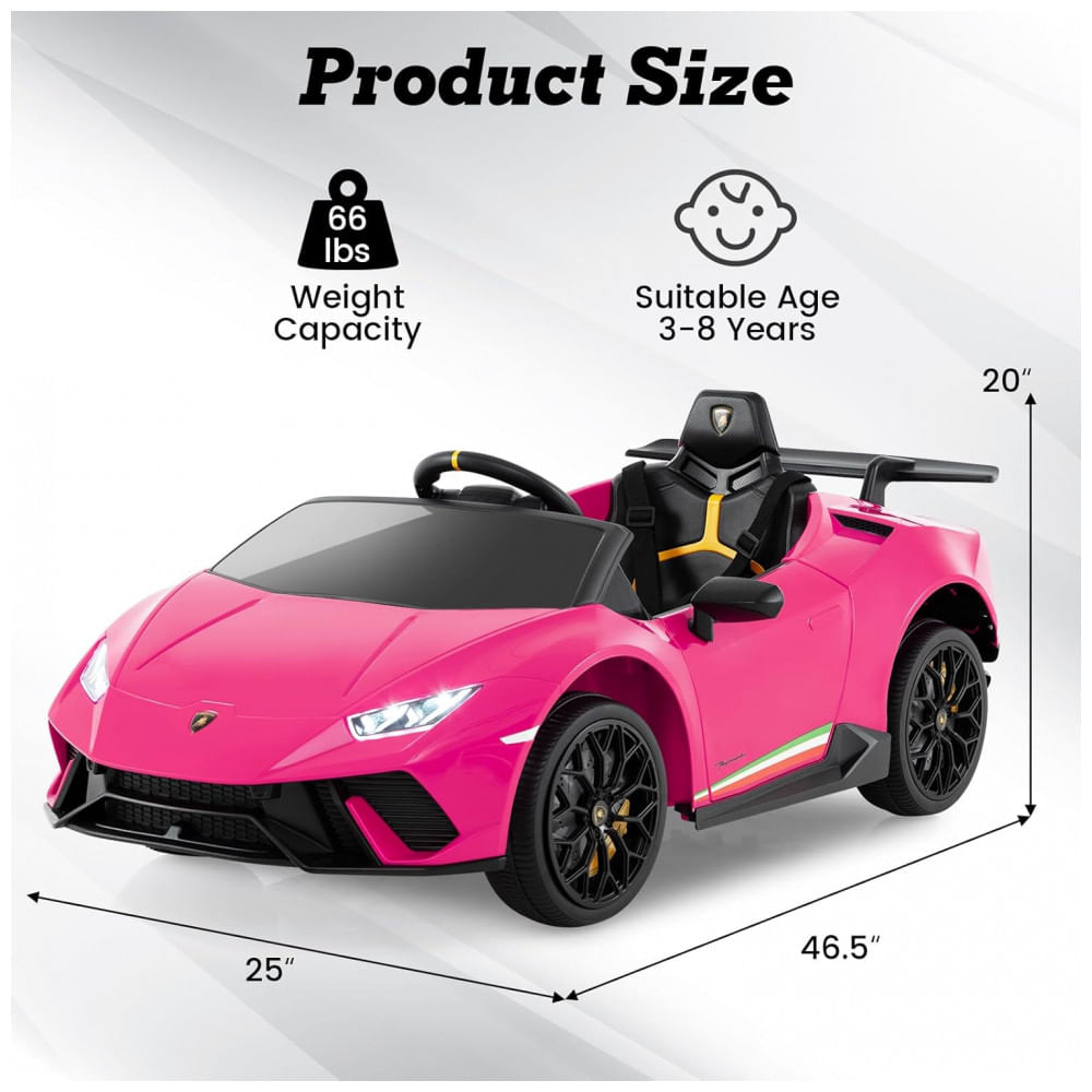 Encontraproduto.com.br - Carro Elétrico Infantil Licenciado Lamborghini Huracan OLAKIDS Rosa 12V com Controle Remoto, 2 Velocidades, Suspensão, Bluetooth e USB