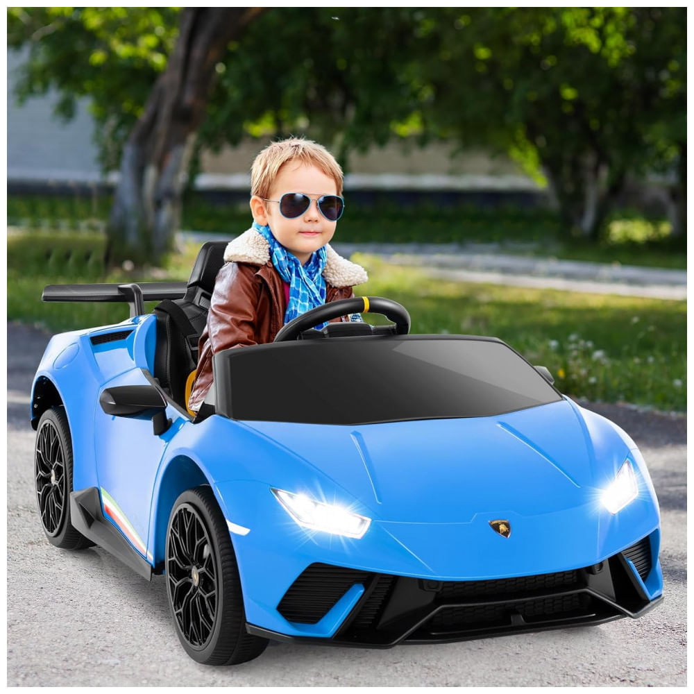 Encontraproduto.com.br - Carro Elétrico Infantil Licenciado Lamborghini Huracan OLAKIDS Azul 12V com Controle Remoto, 2 Velocidades, Suspensão, Bluetooth e USB