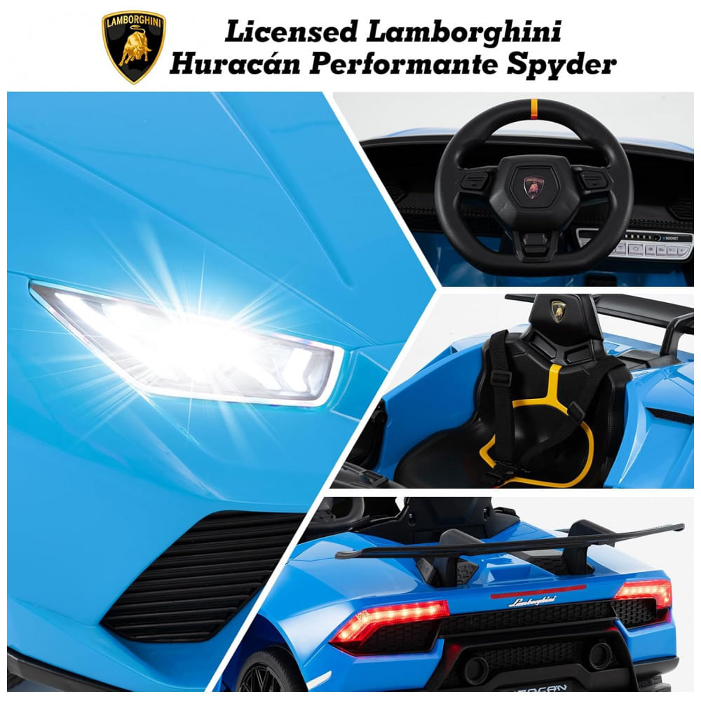 Encontraproduto.com.br - Carro Elétrico Infantil Licenciado Lamborghini Huracan OLAKIDS Azul 12V com Controle Remoto, 2 Velocidades, Suspensão, Bluetooth e USB