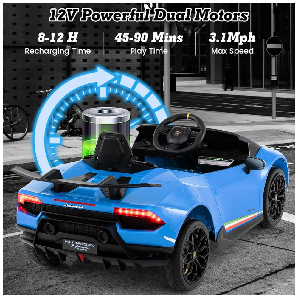 Encontraproduto.com.br - Carro Elétrico Infantil Licenciado Lamborghini Huracan OLAKIDS Azul 12V com Controle Remoto, 2 Velocidades, Suspensão, Bluetooth e USB