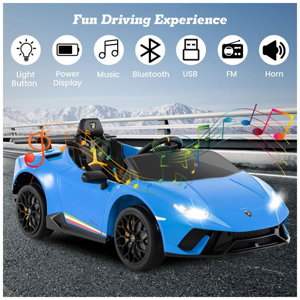 Encontraproduto.com.br - Carro Elétrico Infantil Licenciado Lamborghini Huracan OLAKIDS Azul 12V com Controle Remoto, 2 Velocidades, Suspensão, Bluetooth e USB