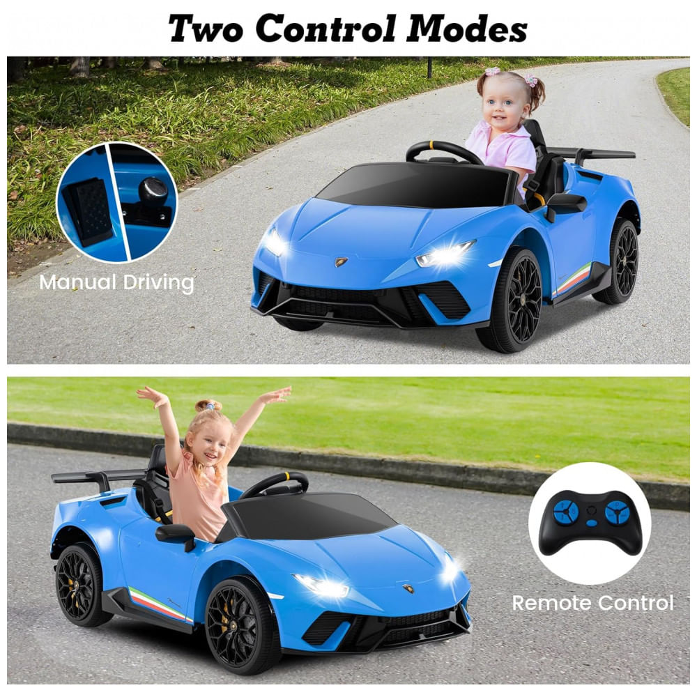 Encontraproduto.com.br - Carro Elétrico Infantil Licenciado Lamborghini Huracan OLAKIDS Azul 12V com Controle Remoto, 2 Velocidades, Suspensão, Bluetooth e USB
