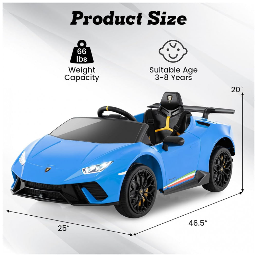 Encontraproduto.com.br - Carro Elétrico Infantil Licenciado Lamborghini Huracan OLAKIDS Azul 12V com Controle Remoto, 2 Velocidades, Suspensão, Bluetooth e USB
