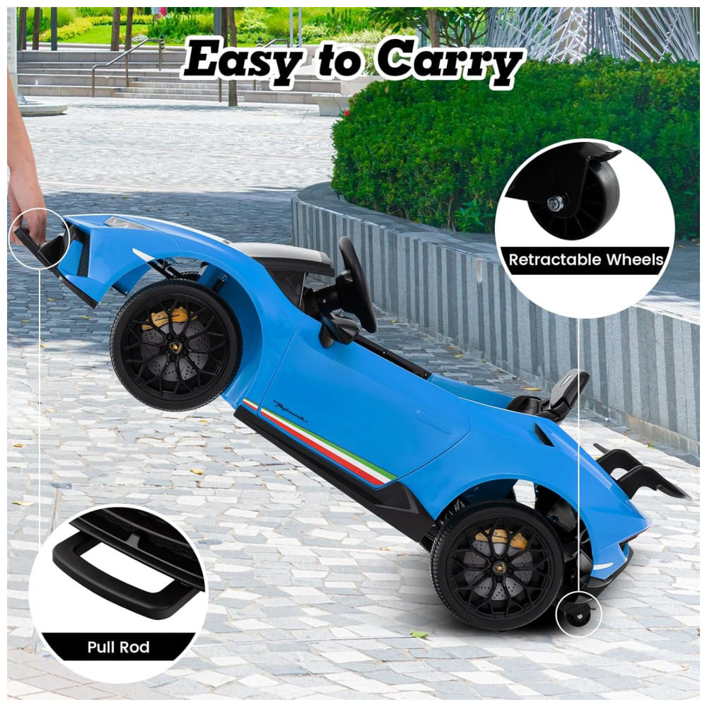 Encontraproduto.com.br - Carro Elétrico Infantil Licenciado Lamborghini Huracan OLAKIDS Azul 12V com Controle Remoto, 2 Velocidades, Suspensão, Bluetooth e USB