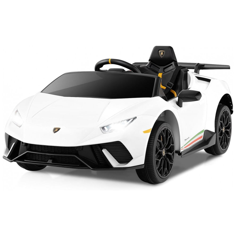Carro Elétrico Infantil Licenciado Lamborghini Huracan OLAKIDS Branco 12V com Controle Remoto, 2 Velocidades, Suspensão, Bluetooth e USB