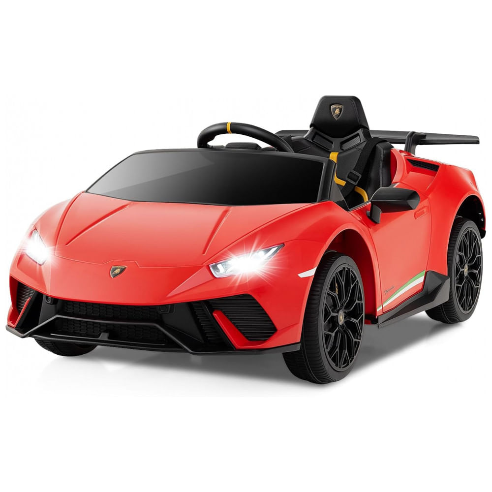 Carro Elétrico Infantil Licenciado Lamborghini Huracan OLAKIDS Vermelho 12V com Controle Remoto, 2 Velocidades, Suspensão, Bluetooth e USB