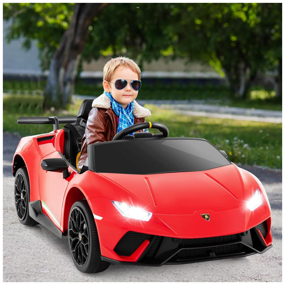 Encontraproduto.com.br - Carro Elétrico Infantil Licenciado Lamborghini Huracan OLAKIDS Vermelho 12V com Controle Remoto, 2 Velocidades, Suspensão, Bluetooth e USB