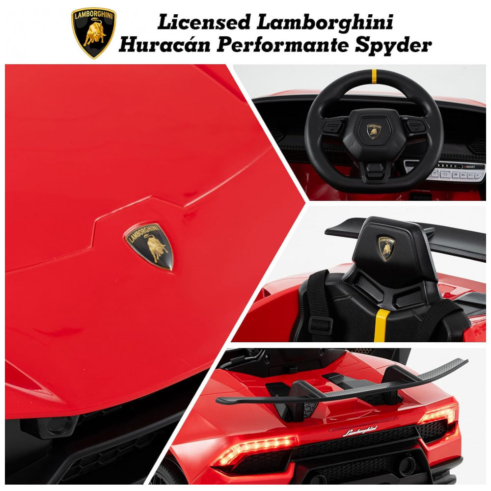 Encontraproduto.com.br - Carro Elétrico Infantil Licenciado Lamborghini Huracan OLAKIDS Vermelho 12V com Controle Remoto, 2 Velocidades, Suspensão, Bluetooth e USB
