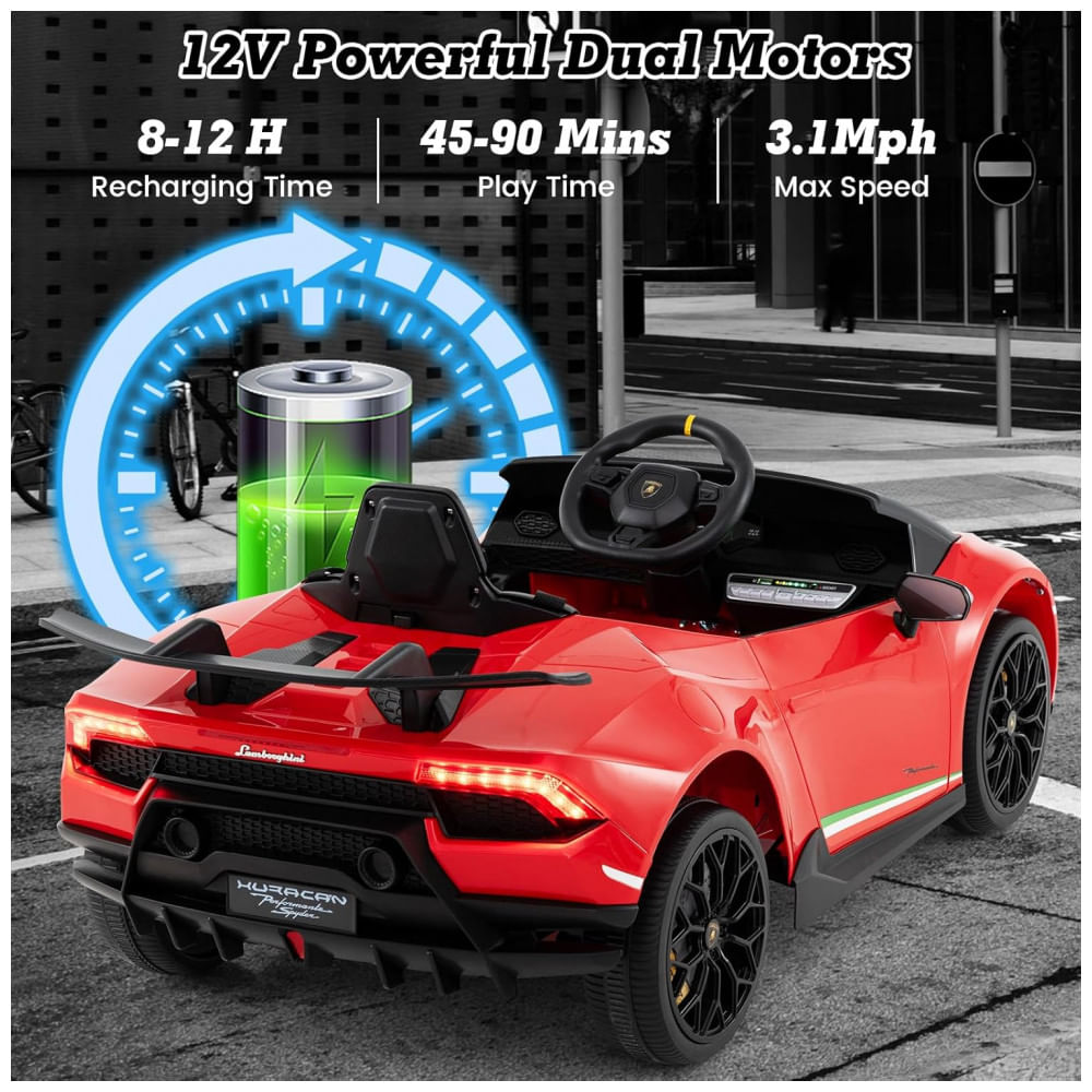 Encontraproduto.com.br - Carro Elétrico Infantil Licenciado Lamborghini Huracan OLAKIDS Vermelho 12V com Controle Remoto, 2 Velocidades, Suspensão, Bluetooth e USB