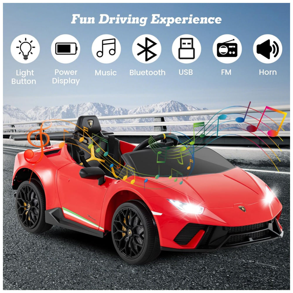 Encontraproduto.com.br - Carro Elétrico Infantil Licenciado Lamborghini Huracan OLAKIDS Vermelho 12V com Controle Remoto, 2 Velocidades, Suspensão, Bluetooth e USB