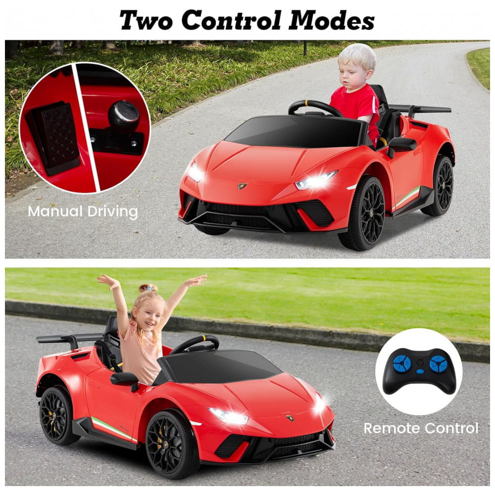 Encontraproduto.com.br - Carro Elétrico Infantil Licenciado Lamborghini Huracan OLAKIDS Vermelho 12V com Controle Remoto, 2 Velocidades, Suspensão, Bluetooth e USB