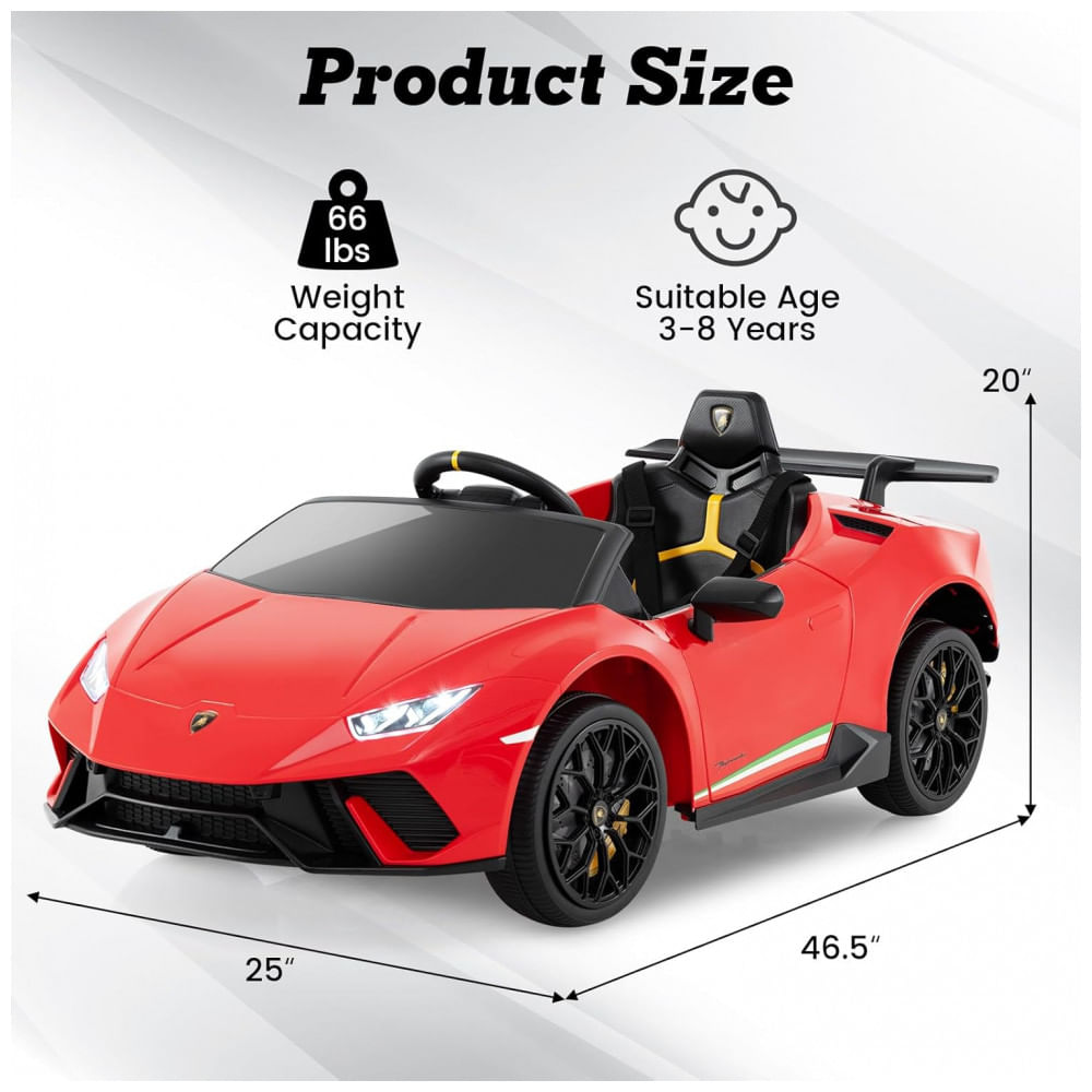 Encontraproduto.com.br - Carro Elétrico Infantil Licenciado Lamborghini Huracan OLAKIDS Vermelho 12V com Controle Remoto, 2 Velocidades, Suspensão, Bluetooth e USB