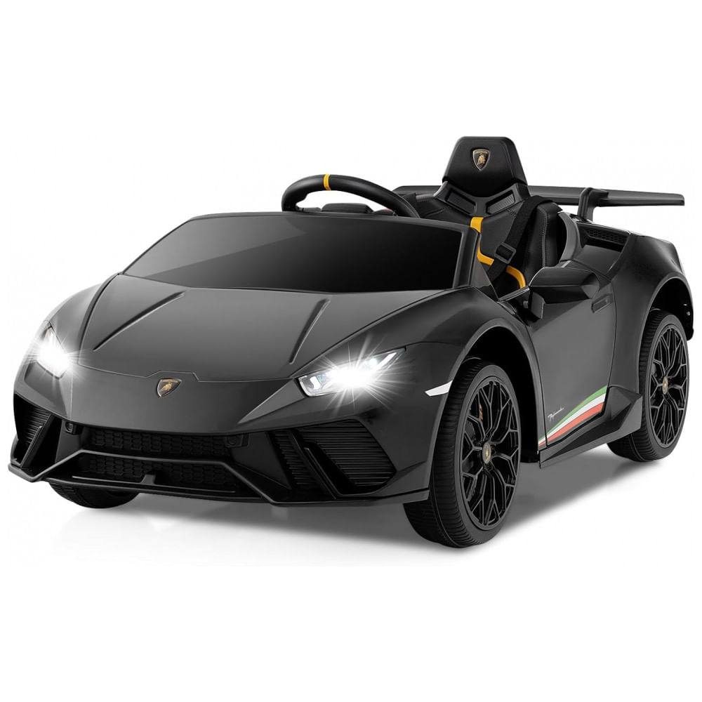 Carro Elétrico Infantil Licenciado Lamborghini Huracan OLAKIDS Preto 12V com Controle Remoto, 2 Velocidades, Suspensão, Bluetooth e USB