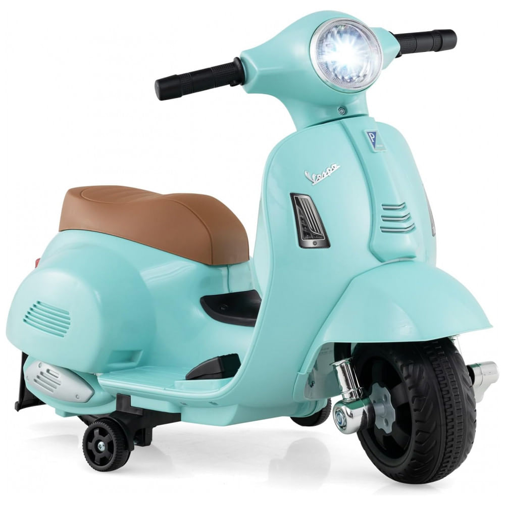 Moto Elétrica Infantil Vespa OLAKIDS Verde Água 6V Licenciada Rodas de Treinamento Farol LED Buzina Estrutura Metálica 3 Rodas
